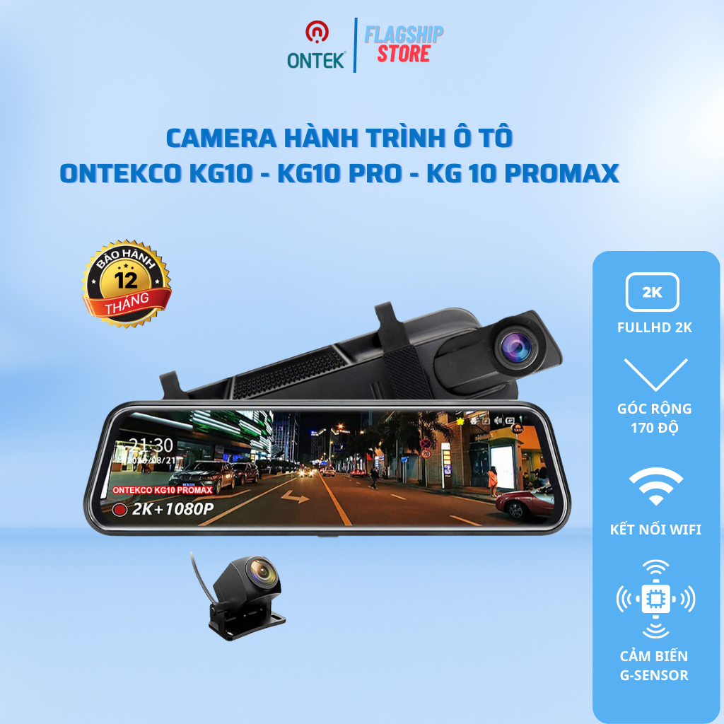 Camera hành trình Gương ONTEKCO KG10, Full HD 1080p gương, màn hình 10 inh, ghi hình trước sau.1 đổi 1 trong 12 tháng