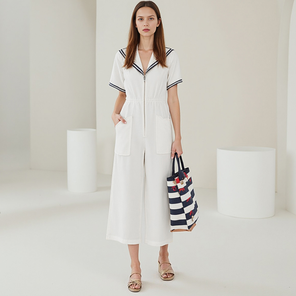 Closet Crush Jumpsuits สำหรับผู้หญิงฤดูร้อนความคมชัดที่ดีสีผูกแขนสั้นปกกะลาสีซิปด้านล่างเข่าขากว้างพื้นฐาน Jumpsuits B250415 ราคา 411 บาท*ส่งฟรี