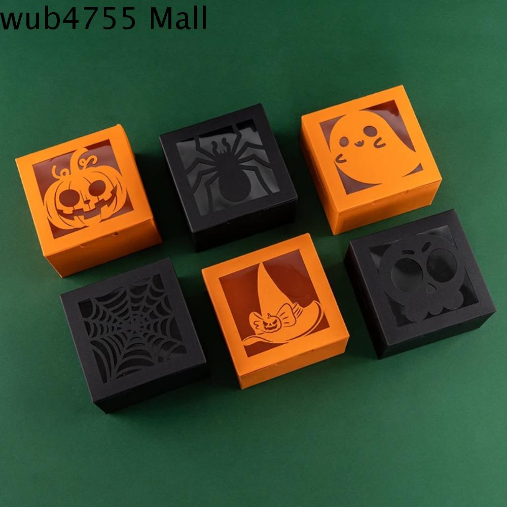 WUB4755 50PCS Hình vuông Hộp quà kẹo Halloween Cửa sổ trong suốt Giấy kraft Hộp đóng gói kẹo Đồ dùng tiệc theo chủ đề Họa tiết ma/bí ngô/nhện Hộp bánh quy Tiệm bánh