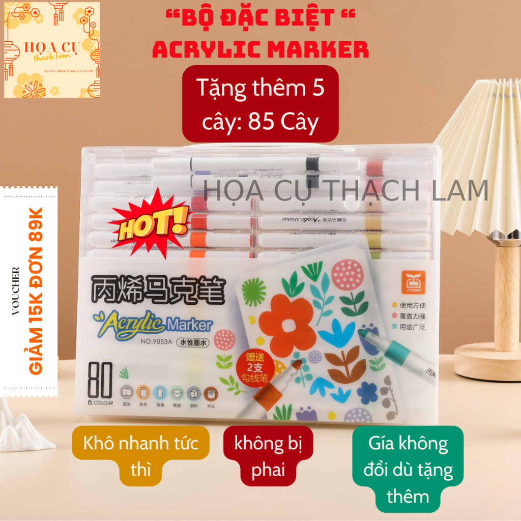   Ưu đãi Vàng  Set Nâng cấp 13 đến 85 Bút màu ACRYLIC Marker đầu nhọn chống thấm nước không bịnhòe vẽ lên được nhiều chất 