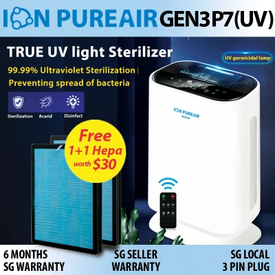 [SG SELLER]Air Purifier ION PUREAIR GEN3 P7(UV) True UV Light Sterilizer/ LCD Display/Hepa Filter/Negative Ion/Compact/Quieter/Powerful(Free Medical Mask)