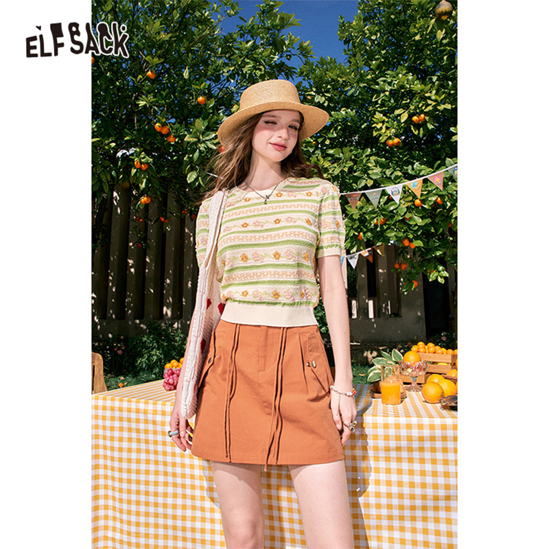 ELFSACK summer new arrival Orange A-line high waist slimming workwear American style drawstring skirt for women ราคา 1,525 บาท*ส่งฟรี