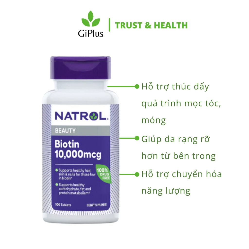 Viên Uống Hỗ Trợ Mọc Tóc, Móng Natrol Biotin 10.000mcg (100 Viên/Lọ) | MPNTShop