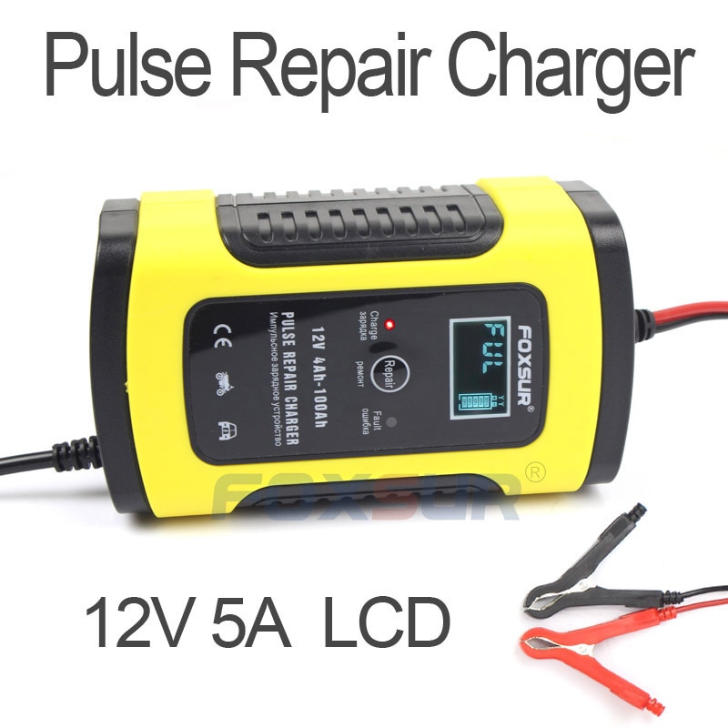 FOXSUR 12V 5A Pulse Repair Charger With LCD Display, Motorcycle &amp; Car Battery Charger, 12V AGM GEL WET Lead Acid Battery Charger