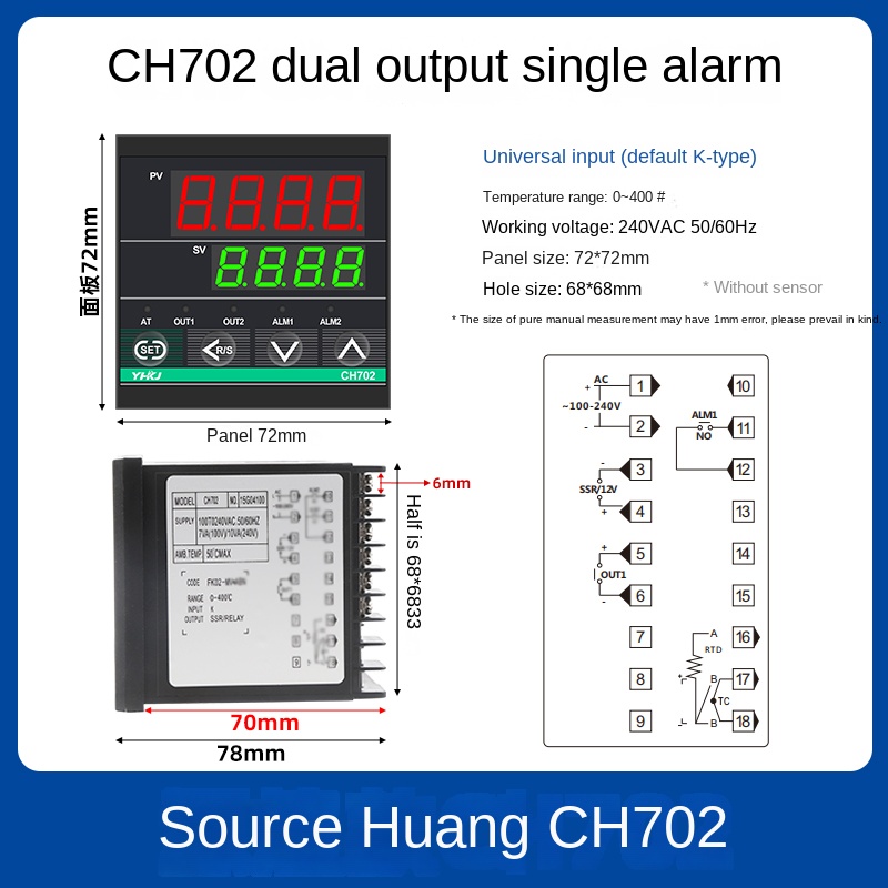 Bộ Điều Nhiệt CH702 vỏ ngắn | CH102/402/702/902 Nguồn Hoàng, PID 1300°C, 250V/10A, 4-20mA, Đơn/Đôi Báo Lỗi, Xanh/Đen, Công Nghiệp