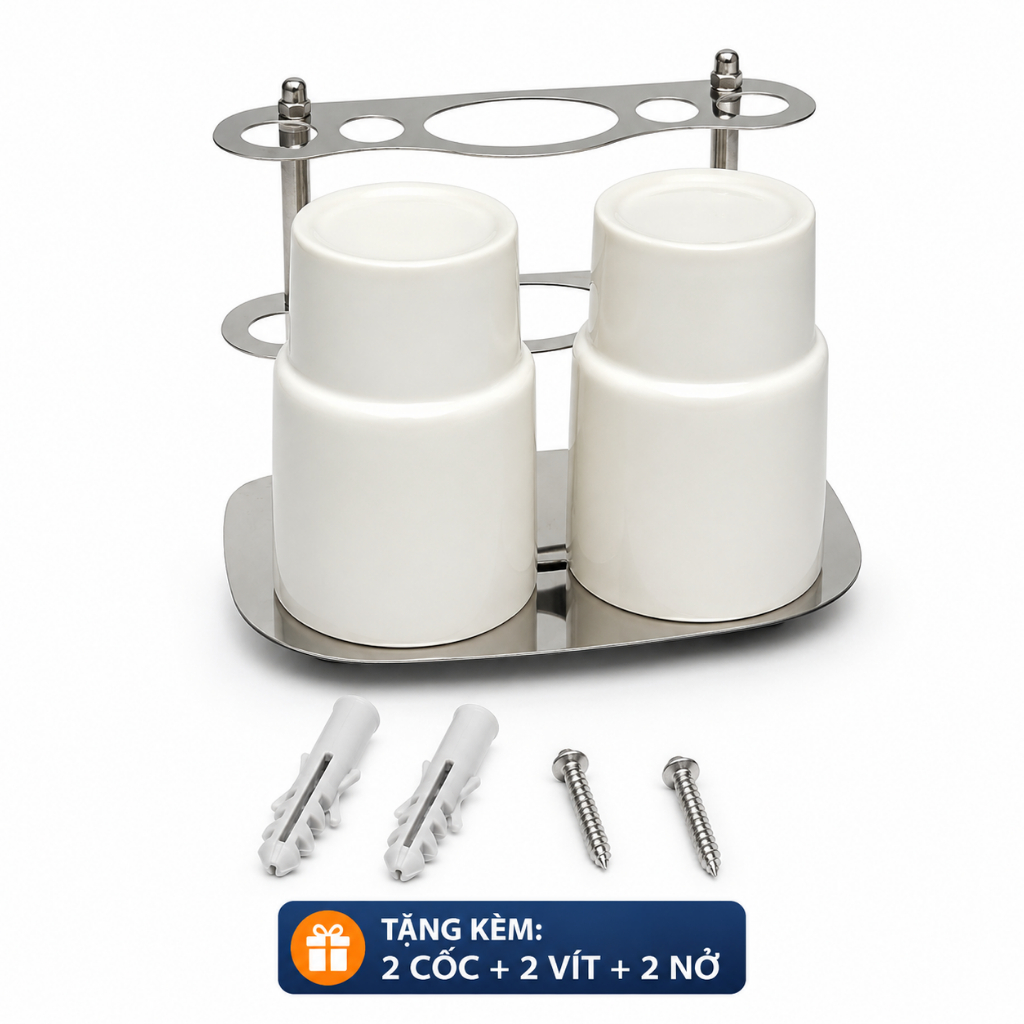 Kệ Để Bàn Chải Đánh Răng Inox Nhà Tắm Kèm 2 Cốc, Giá Treo Bàn Chải Gắn Tường Tặng Vít Nở