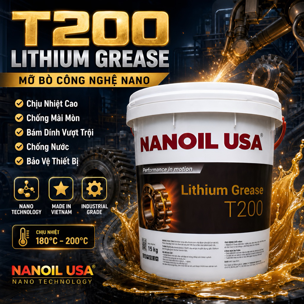 Mỡ Bò Lithium Nanoil USA T200 15Kg – Mỡ Bôi Trơn Chịu Nhiệt 180–200°C, Chống Nước, Bạc đạṇ, Vòng Bi