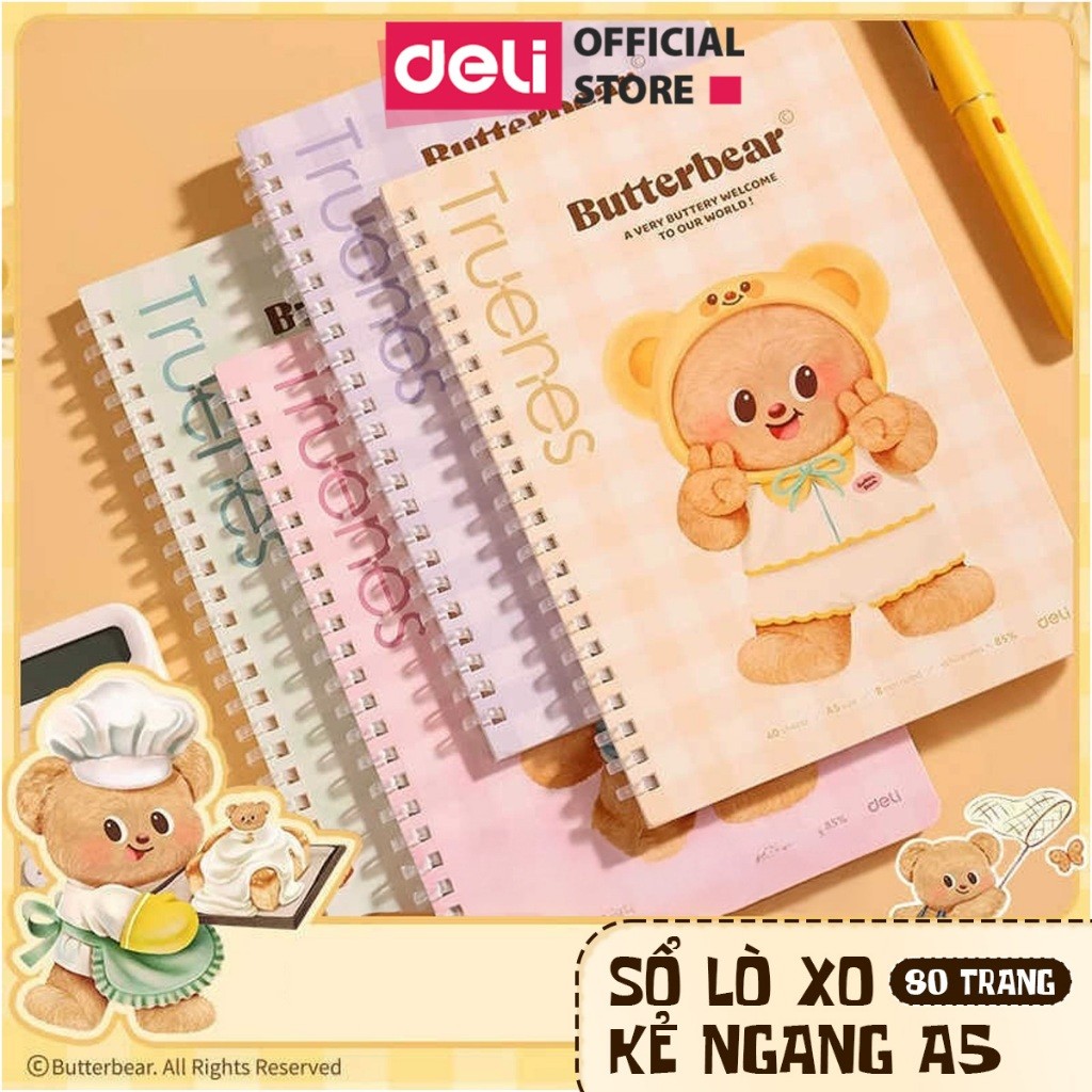  Sổ Lò Xo Deli BUTTER BEAR A5 80 Trang Giấy Kẻ Ngang Chống Lóa Deli - Sổ Tay Ghi Chép Gáy Xoắn Sổ Vở Học Sinh Takenote 