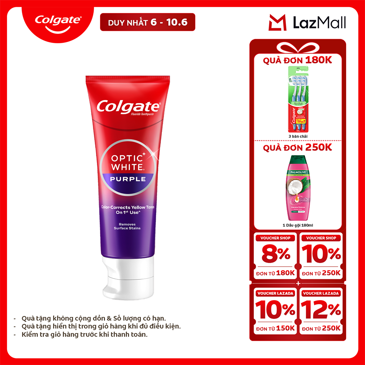 [Chỉ 6-10.6_X2 Voucher giảm 22%] Kem Đánh Răng Colgate trắng răng Optic White Purple 100g - công nghệ sắc tím, hiệu chỉnh sắc vàng trên răng
