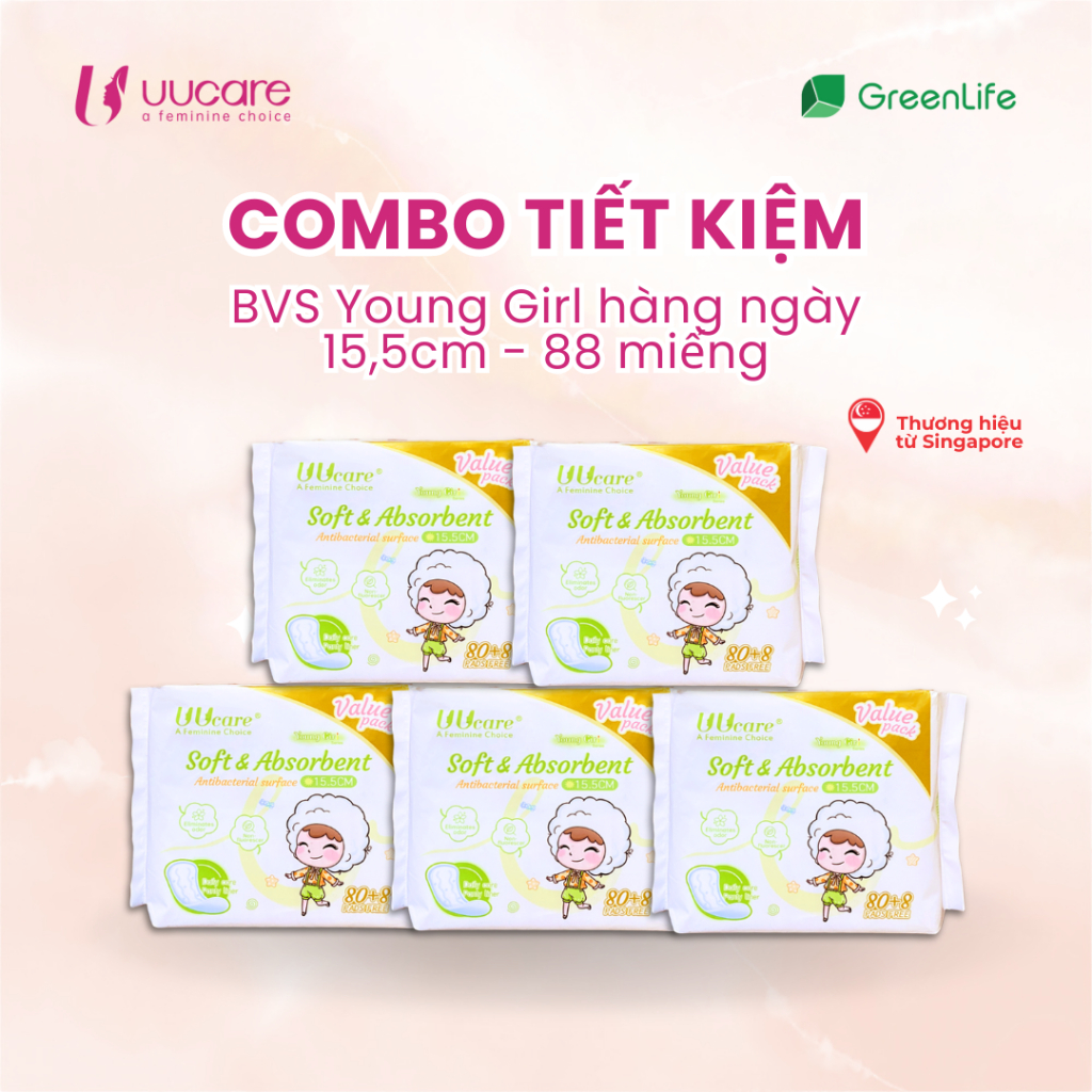 Combo tiết kiệm Băng Vệ Sinh UUcare Young Girl hàng ngày 15cm 88 miếng