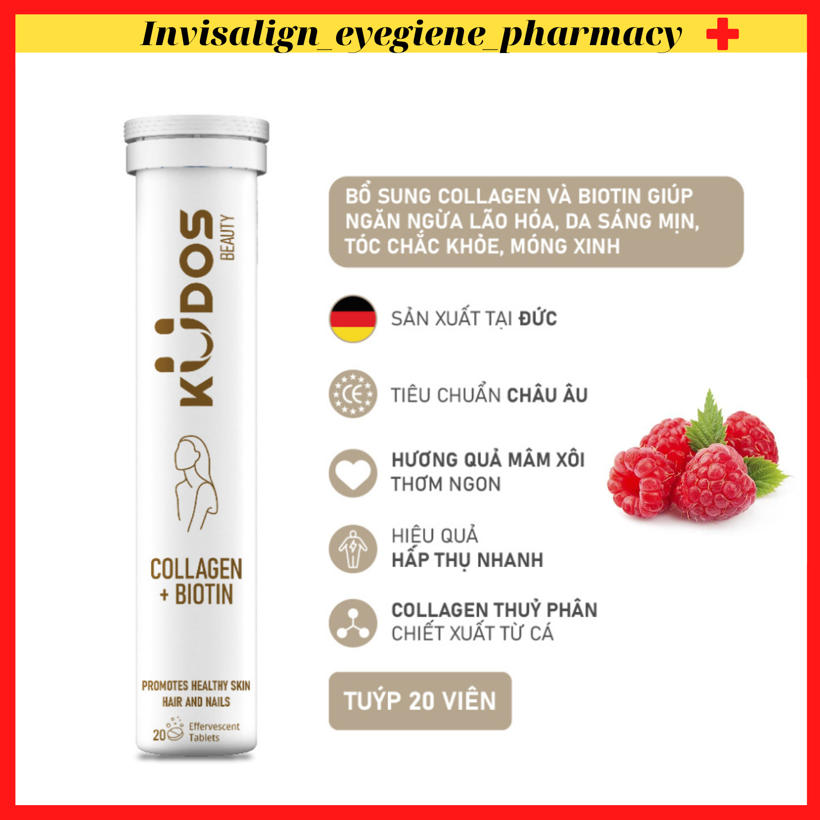 Viên sủi Collagen + Biotin KUDOS BEAUTY giúp ngăn ngừa lão hóa, da sáng mịn, tóc móng chắc khỏe (20 viên/ tuýp)