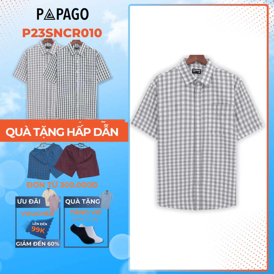Áo sơ mi nam Trung niên PAPAGO sọc caro tay ngắn lai bầu P23SNCR010