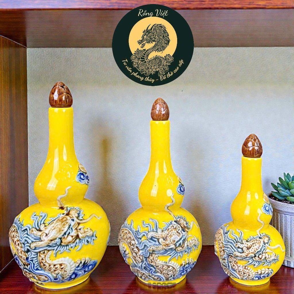 Nậm Rượu Đắp Nổi Bát Tràng Men Vàng RỒNG VIỆT – Gốm Sứ Bát tràng,Trang Trí Ban Gia Tiên, Thần Tài