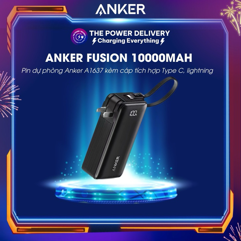 Pin dự phòng Anker Fusion 10000mah mã A1637 kèm cáp tích hợp sẵn Type C, Lightning, công suất 30W, màn hình LED