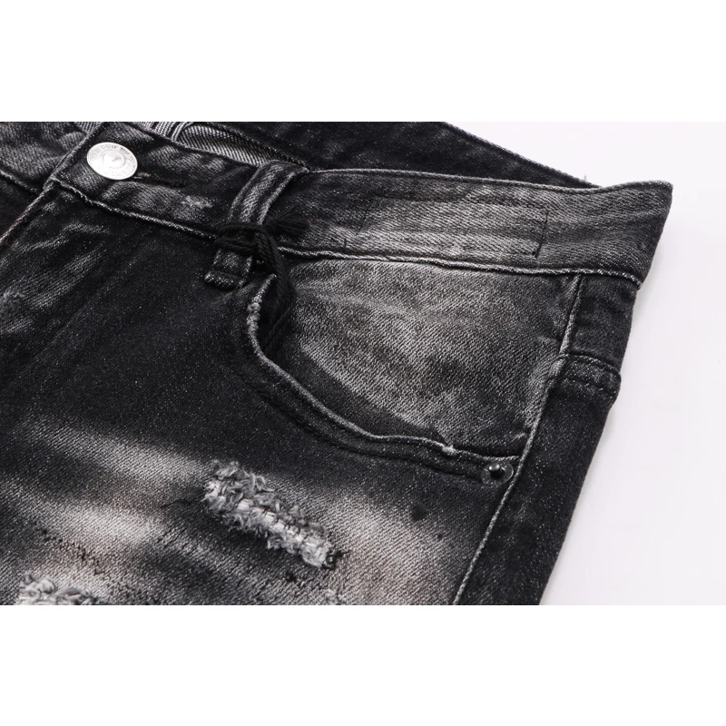 【A Popular】  Street Fashion Men Jeans Retro Black Gray Elastic Stretch Slim Fit Hole Ripped Jeans Men Patched Designer Hip Hop Brand Pants