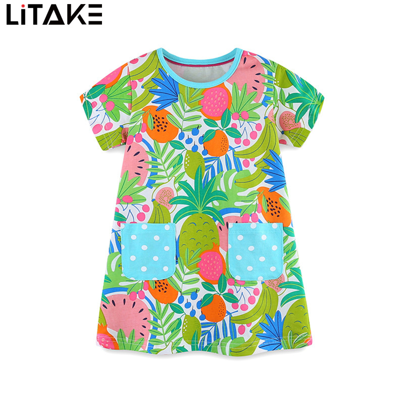 Girl's Round Neck Dresses Casual Fruits Printing Short Sleeve Dresses Summer Cute Cotton Pocket Skirts ราคา 210 บาท*ส่งฟรี