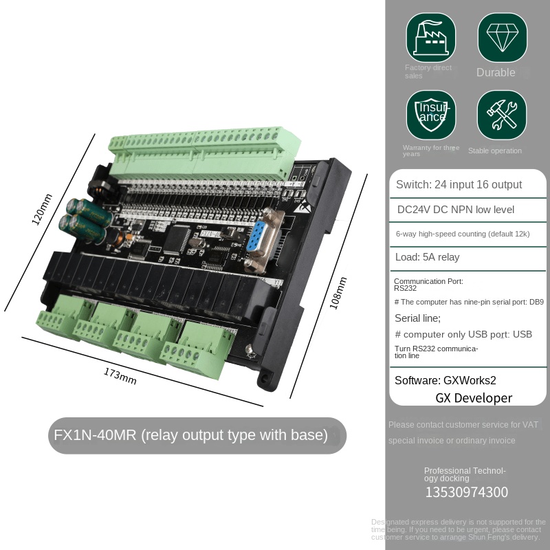 Board Mạch PLC FK FX1N-40MR: 26 input 14 output Đầu Ra Rơle, DB9 RS232, 24VDC, xung tốc độ cao,Hỗ Trợ GX Works2/GX Developer Mitsubishi - FK1N-40MR CÓ ĐẾ