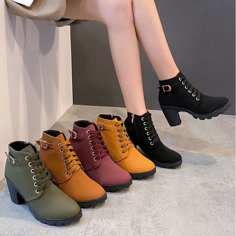 2023 Autumn New Round Toe Naked High Heel Lace up Solid Martin Boots Women