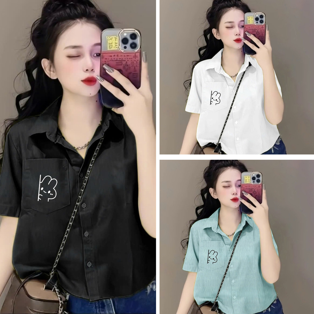 (Bigsize 50-95kg) Áo Sơ Mi Nữ Chất Đũi Xốp In Hình Thỏ Dáng Ngắn Tay Ngắn Siêu Xinh Cho Nàng Béo Múp Xinh