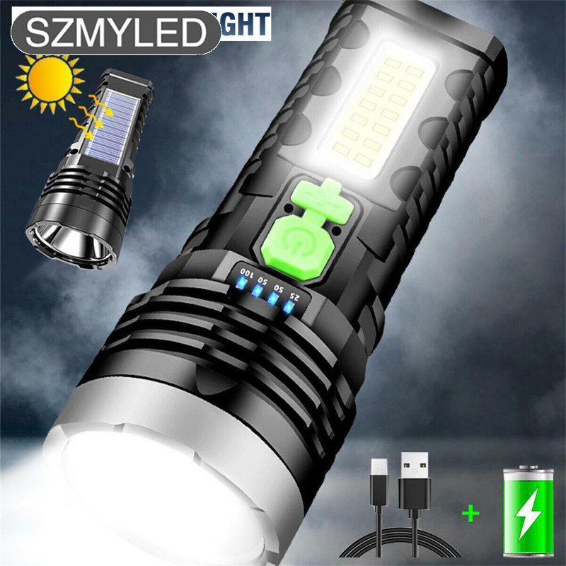 99000lm Led Flashlight 4 Modes 36000lm Built-in Battery Usb Solar Rechargeable Torch With Side Light