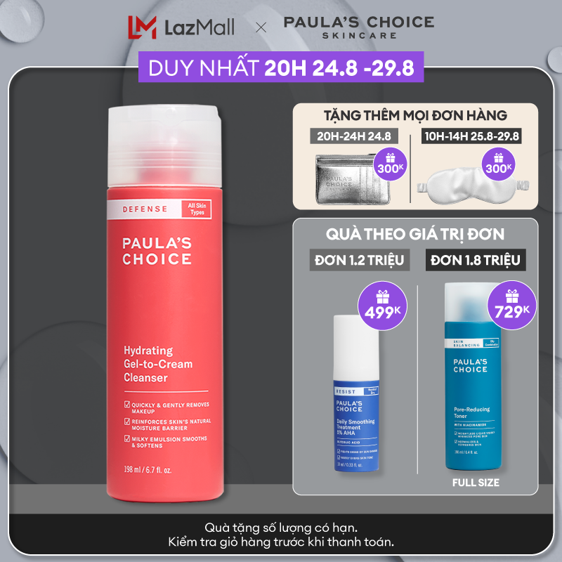 Sữa rửa mặt ngăn ngừa tác hại từ môi trường dành cho mọi loại da Paula’s Choice Defense Hydrating Gel to Cream Cleanser 198ml 2210