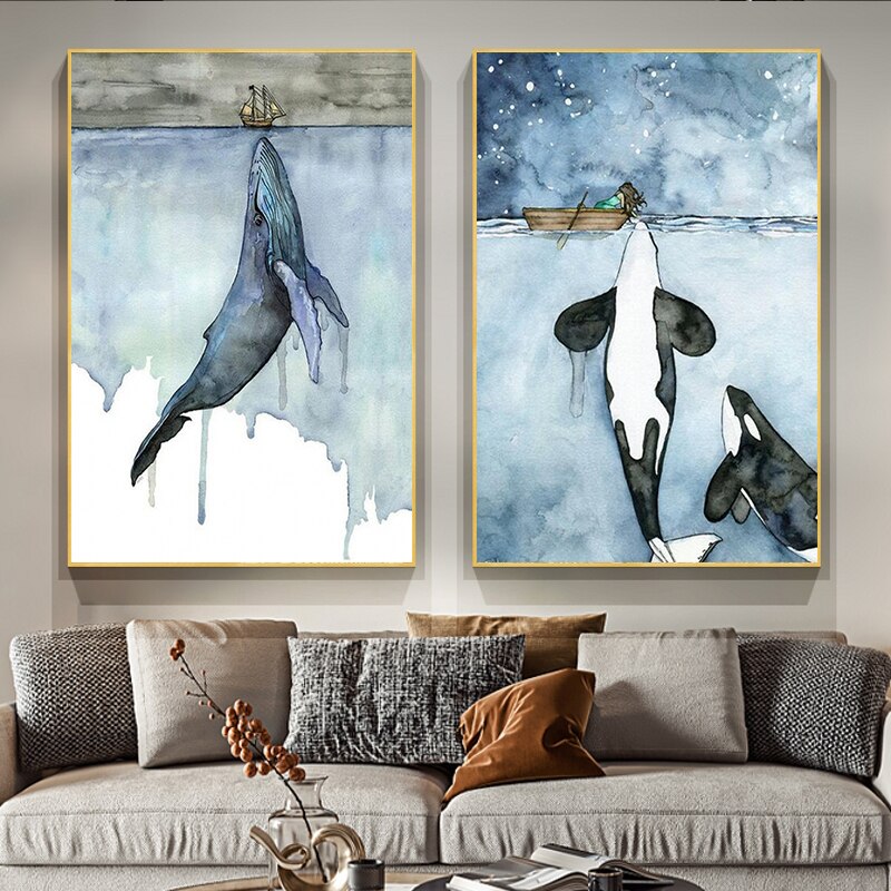 Màu nước cá voi vải in và in đồ trang trí hình động vật bức tranh tranh tường hình ảnh cho phòng khách con Cuadro trang trí nhà hiện đại (tùy biến bao gồm tranh vải bố và khung)