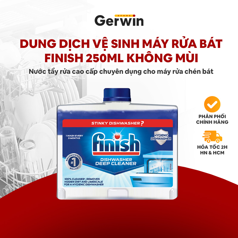 Dung dịch vệ sinh máy rửa bát Finish 250ml ít mùi, chai xanh làm sạch các vết dầu mỡ, làm sạch các cặn bẩn