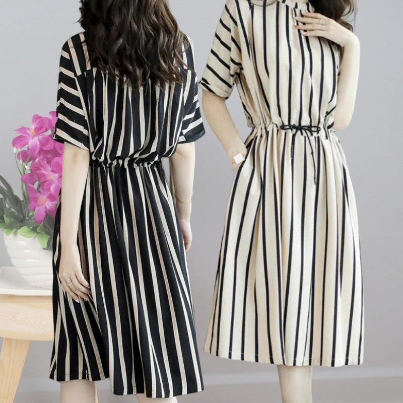 Beautiful striped dress 2024 Korean version lace up waist cinching loose skirt summer mid length plus size women's clothing