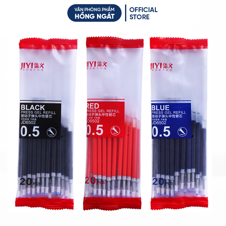 Ruột bút gel mực 0.5mm Resun, set 20 ngòi bút bi nước màu đen đỏ xanh giá