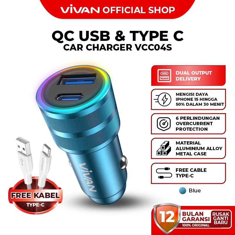 VIVAN Car Charger VCC04S 38W 3A Dual Port PD QC3.0 Fast Charging Lampu Indikator Blue Garansi 1 Tahun Harga 95,600 rupiah*Gratis Ongkir