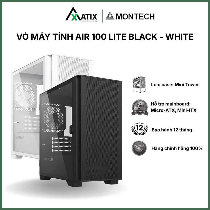 [CHÍNH HÃNG] Vỏ máy tính case PC MONTECH Air 100 Lite | Micro ATX | Sẵn 2 fan | Máy văn phòng - Bảo Hành 12 Tháng