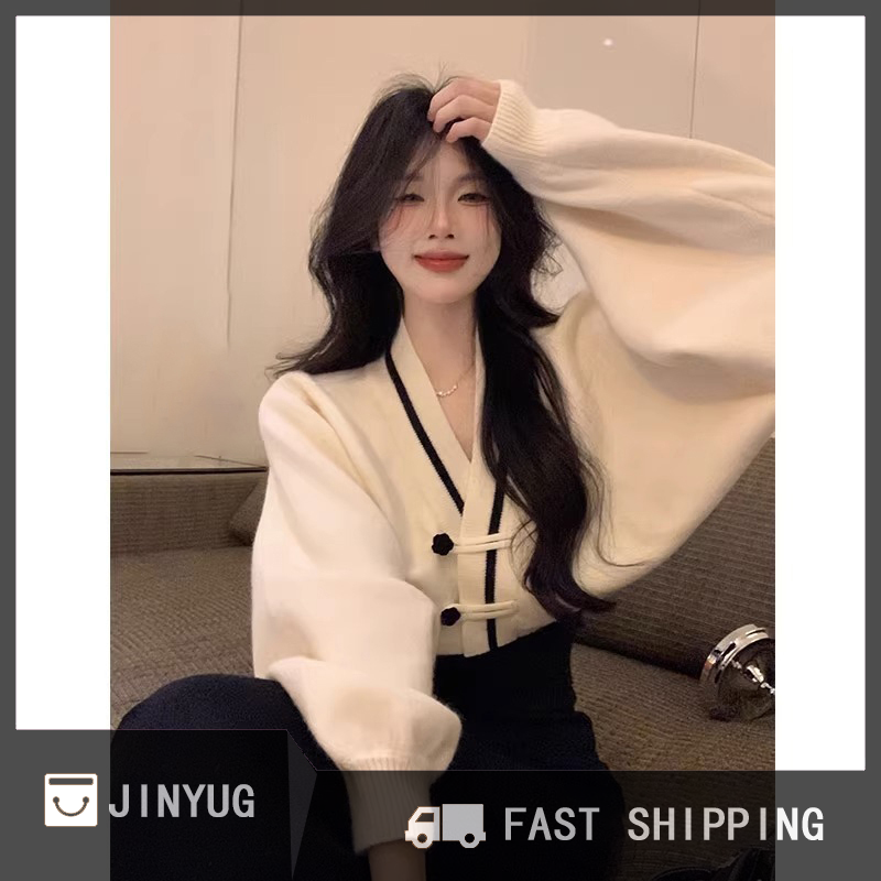 JINYUG Hot Sale Áo khoác ngoài tay áo cánh dơi màu tương phản cổ chữ V Áo len cardigan có khuy sang trọng