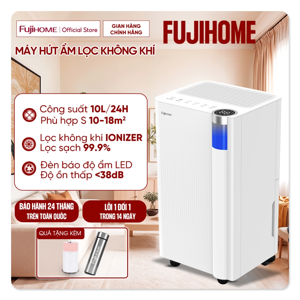 Máy hút ẩm lọc không khí Ion FUJIHOME DH10N Nhập Khẩu, công nghệ máy nén Block 3 chế độ phòng khách phòng ngủ đa năng