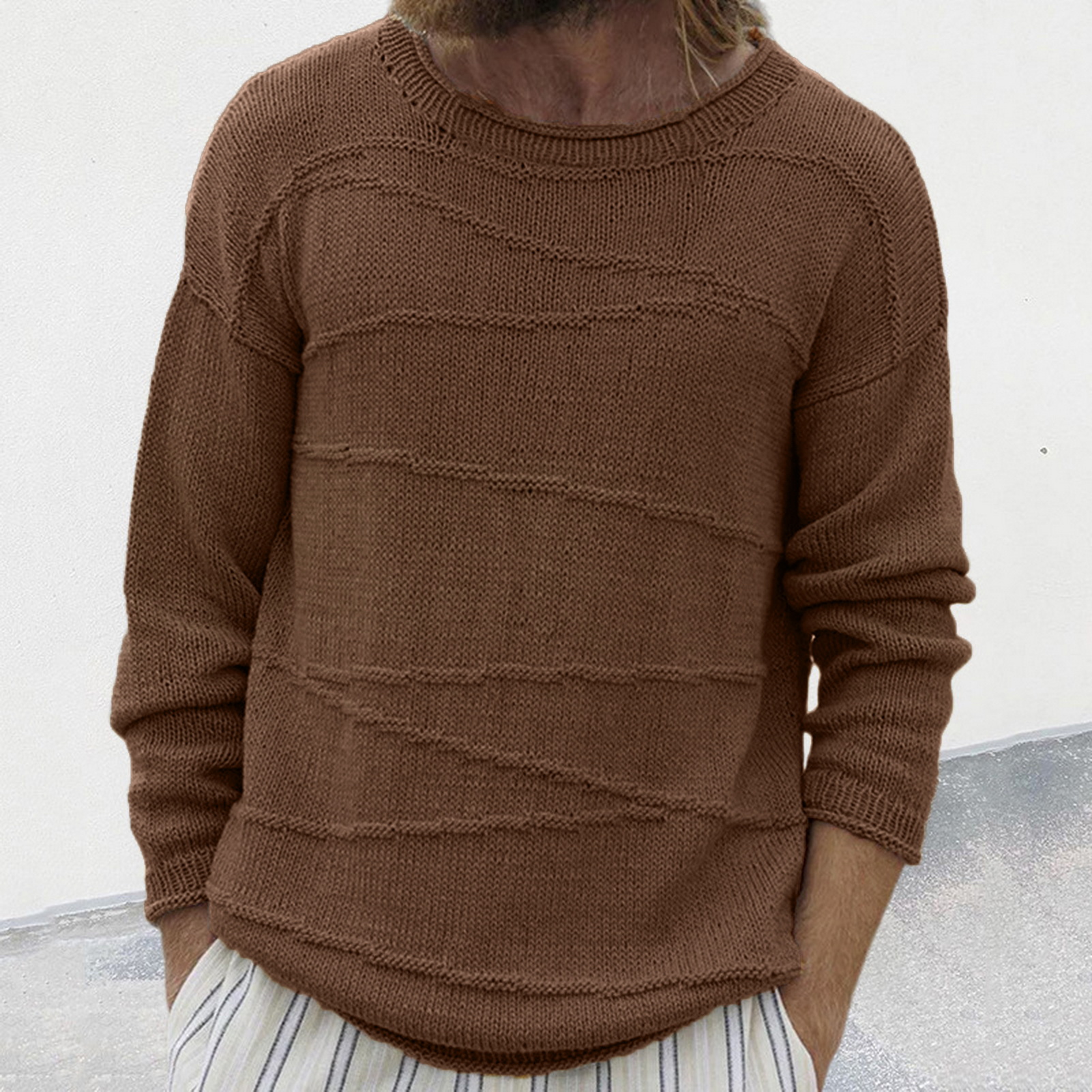 Men Solid Color Sweater Ribbed Cuff Sweater Cozy Men's Winter Sweater Loose Fit Ribbed Cuffs and O-neck Design Perfect771_voghion.com