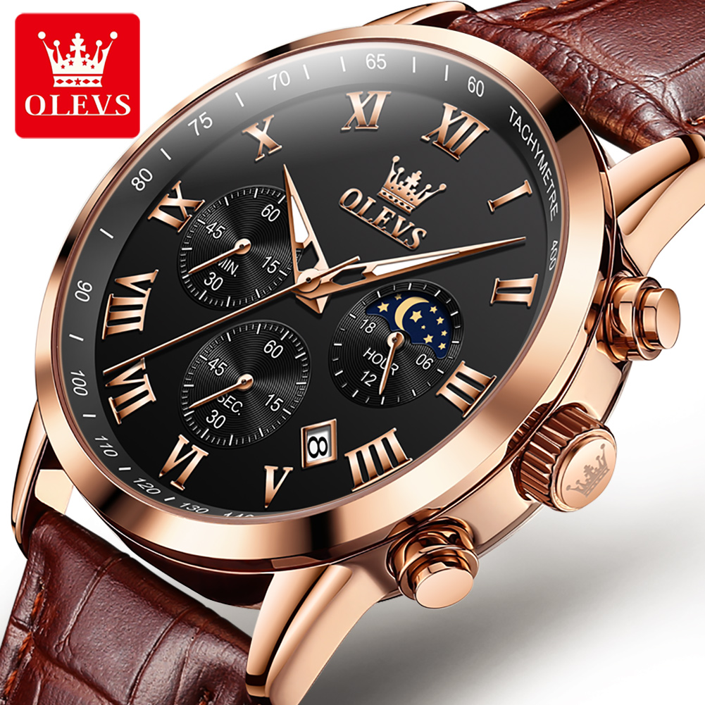 OLEVS 5529 Sport Genuine Leather Band Watches For Men Quartz Waterproof Men Wristwatch Luminous Moon Phase Chronograph Calendar