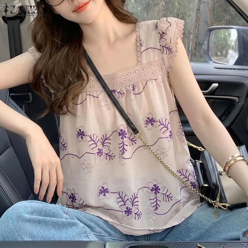 ZANZEA Korean Style Women Summer Sleeveless Square Neck Blouses Lace Patchwork Floral Print Basics Top #0601 ราคา 395 บาท*ส่งฟรี