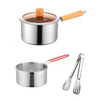 TIEZI STUDIO Strainer Basket Deep Fryer Pot with Strainer Non Stick Wood Handle Cooking Pot with Filter Mesh Durable with Clip Stainless Steel Saucepan Soup