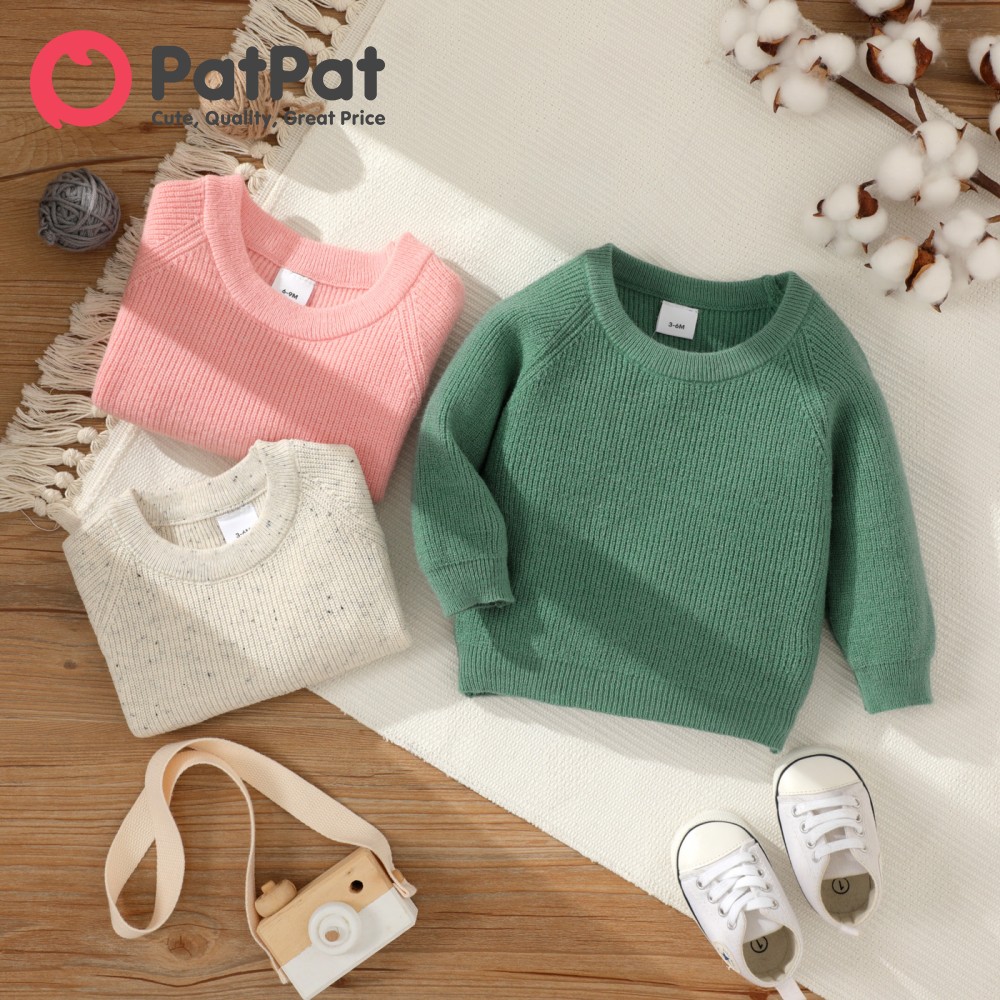 PatPat Baby Girl Solid Round Neck Long-sleeve Knitted Pullover Sweater