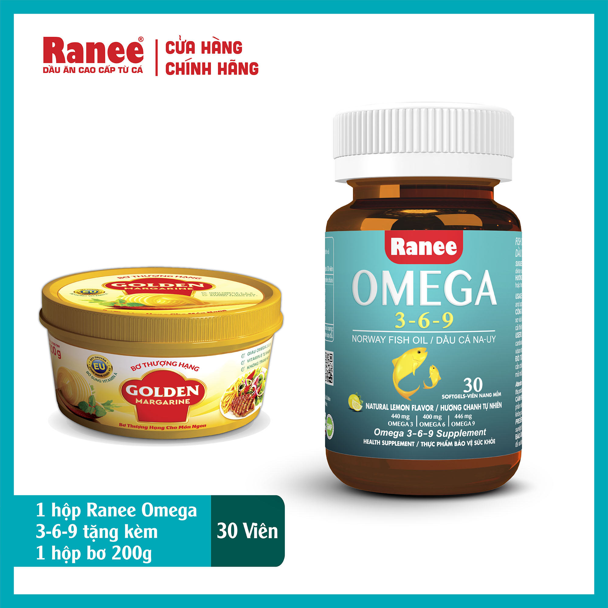 Combo 1 hộp Ranee Omega 3-6-9 tặng kèm hộp bơ 200g hộp 30 viên