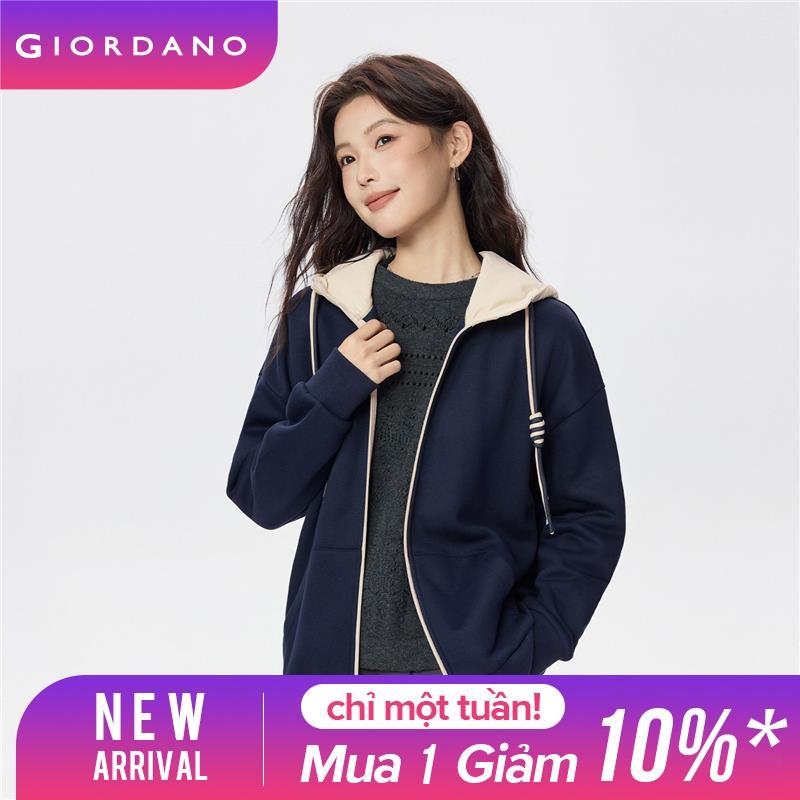  GIORDANO Nữ Áo hoodie lót lông cừu có khóa kéo tương phản túi Kanga áo khoác ấm áp thoải mái rộng rãi thời trang 05375868 