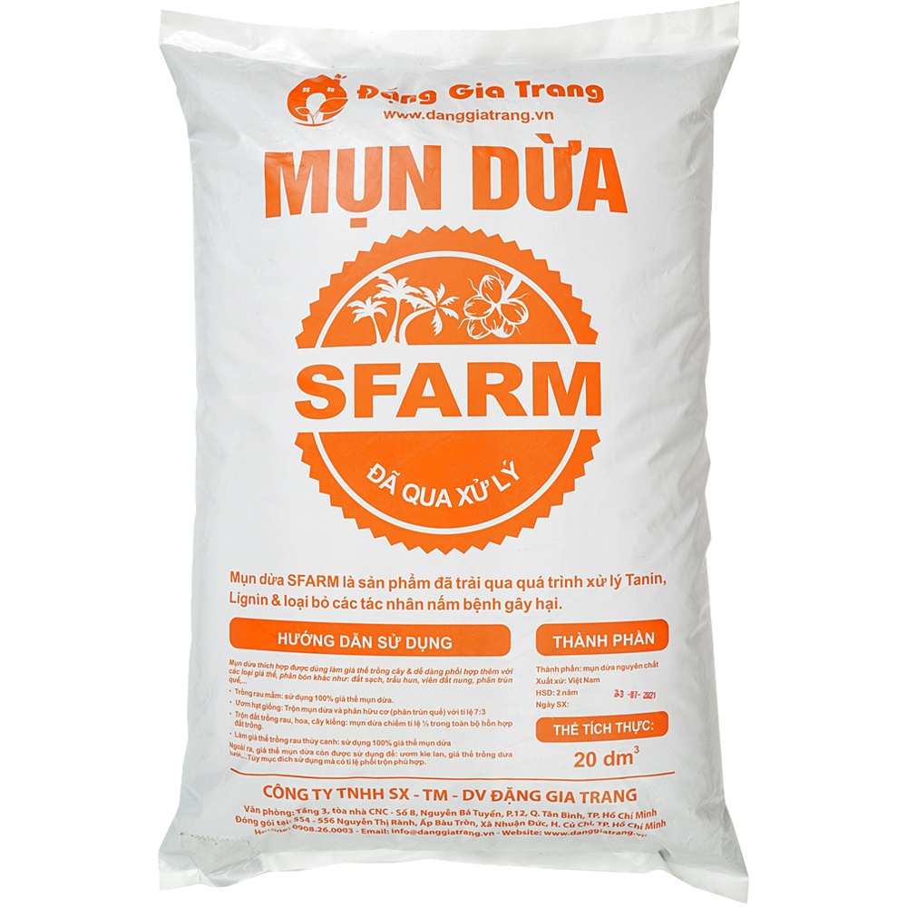 Giá thể mụn dừa đã qua xử lý Sfarm 20DM3 - Túi 5kg
