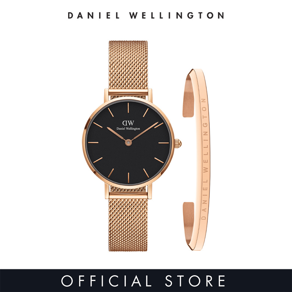 Daniel Wellington Gift Set - Petite 28mm Melrose Rose gold Black + Classic Bracelet Rose gold Small - Watch + Jewelry Set for Female Gift for Women Birthday Annivesary