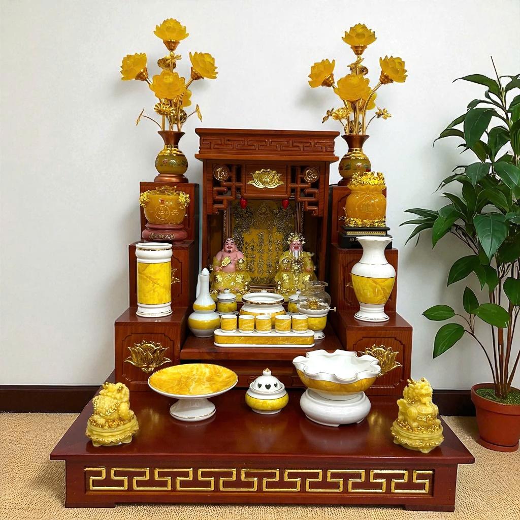 Bộ sứ thờ thần tài RỒNG VIỆT, Bộ đồ thờ gốm sứ men trắng vàng cao cấp