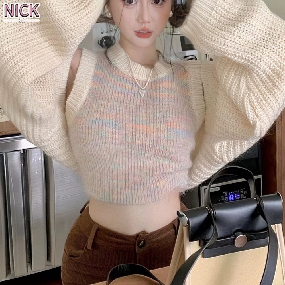 Nick ngọt Hàn Quốc màu cầu vồng Áo vest đan + áo len dài tay áo khoác Bộ áo len