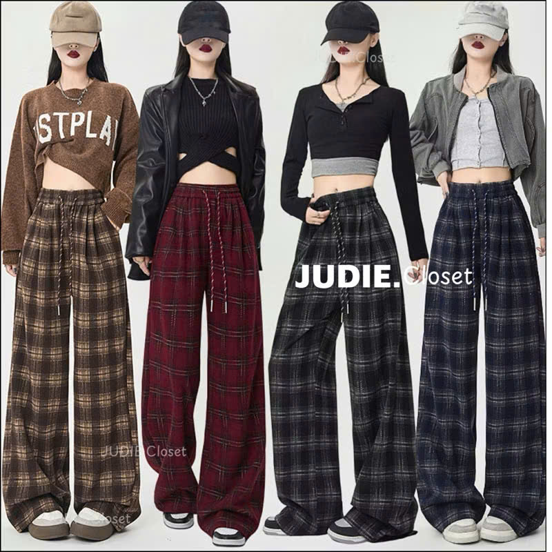 Quần ống rộng kẻ caro vải Umi dạ siêu dày Unisex quần dành cho nữ phù hợp mùa thu đông mã 6878