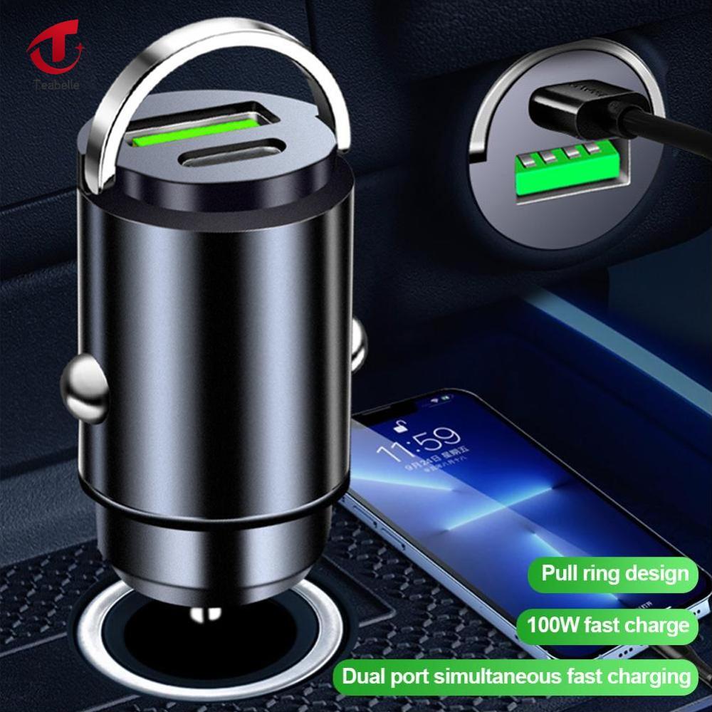Teabelle Mini cổng kép Nhẫn kéo sạc điện dùng trên xe hơi USB Nhanh Chóng Sạc Cho Huawei Xiaomi Samsung QC 3.0 Điện Thoại Thuận Tiện Bộ chuyển đổi sạc