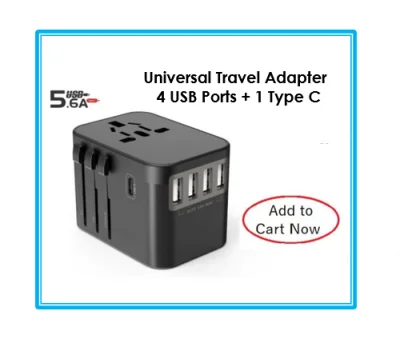 [SG Seller] Universal Travel Adapter All in One International Worldwide Wall Power Travel Adaptor with 4 USB Ports + 1 Type C Port Fast Wall Charger Plug (Black/ Black with Dark Grey/ Black with Silver)