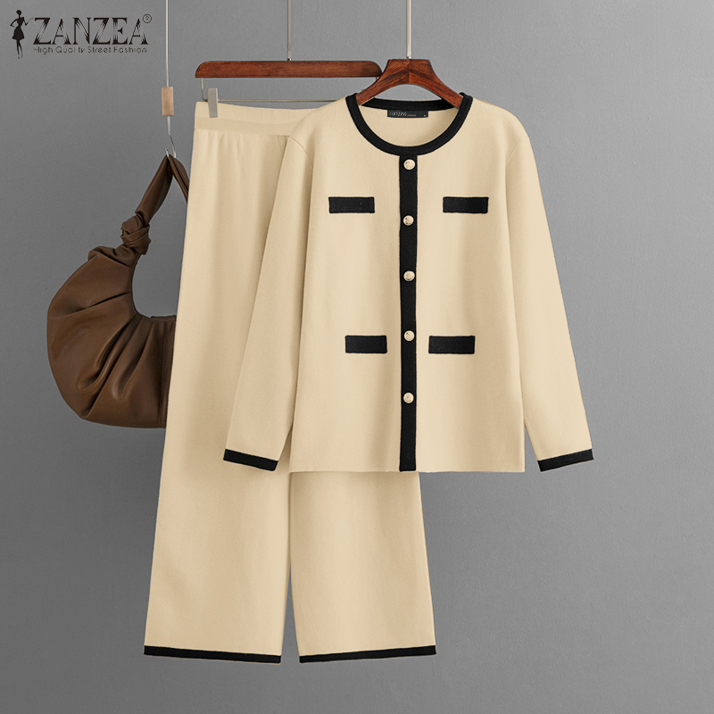 ZANZEA Women Two-piece Outfits Suits Long Sleeve Crew Neck Stitching Color Top Full Trousers Loose Sets #0303 ราคา 429 บาท*ส่งฟรี