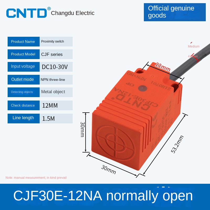 Cảm Biến Tiệm Cận CJF30E-12NA CNTD | Tùy Chọn CJF17E-05NA/NB/PA/PB/LA - PNP, 3 Dây DC, Phát Hiện Kim Loại 5-15mm, Bảo Vệ Sóng Xung