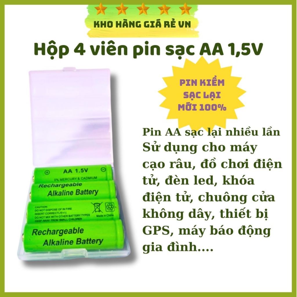 Hộp 4 Viên Pin Sạc AA và AAA 1,5V Dùng Cho Đèn Pin, Đèn Đội Đầu, Đồng Hồ [ Kho Hàng Giá Rẻ VN ]